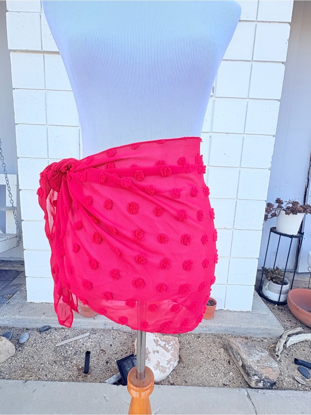 Bright RED Pom Pom Sheer Sarong Wrap 0618